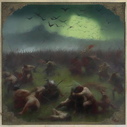 A dramatic and intense scene featuring warriors and vikings engaged in a fierce battle with demons on green fields