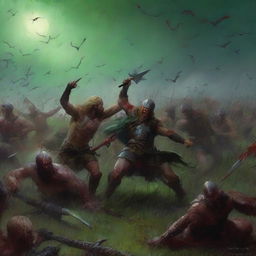 A dramatic and intense scene featuring warriors and vikings engaged in a fierce battle with demons on green fields