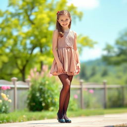 A beautiful girl wearing stockings, standing in a picturesque setting