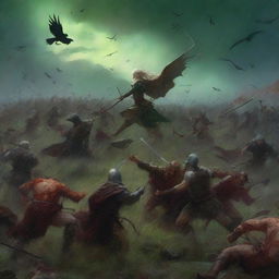 A dramatic and intense scene featuring warriors and vikings engaged in a fierce battle with demons on green fields