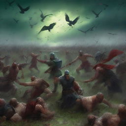 A dramatic and intense scene featuring warriors and vikings engaged in a fierce battle with demons on green fields