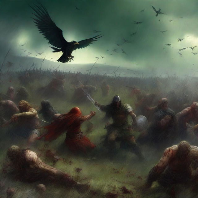 A dramatic and intense scene featuring warriors and vikings engaged in a fierce battle with demons on green fields