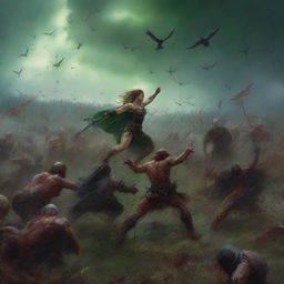 A dramatic and intense scene featuring warriors and vikings engaged in a fierce battle with demons on green fields