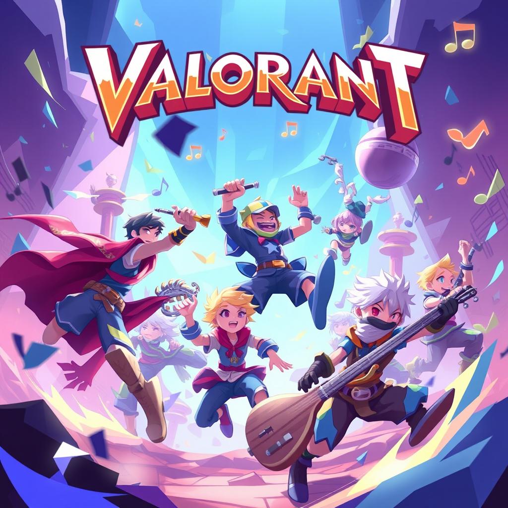 Create an image inspired by the game Valorant, featuring a dynamic and energetic scene with characters in action poses