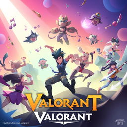 Create an image inspired by the game Valorant, featuring a dynamic and energetic scene with characters in action poses