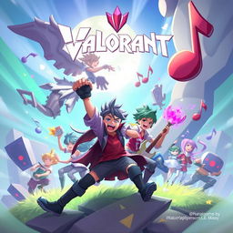 Create an image inspired by the game Valorant, featuring a dynamic and energetic scene with characters in action poses