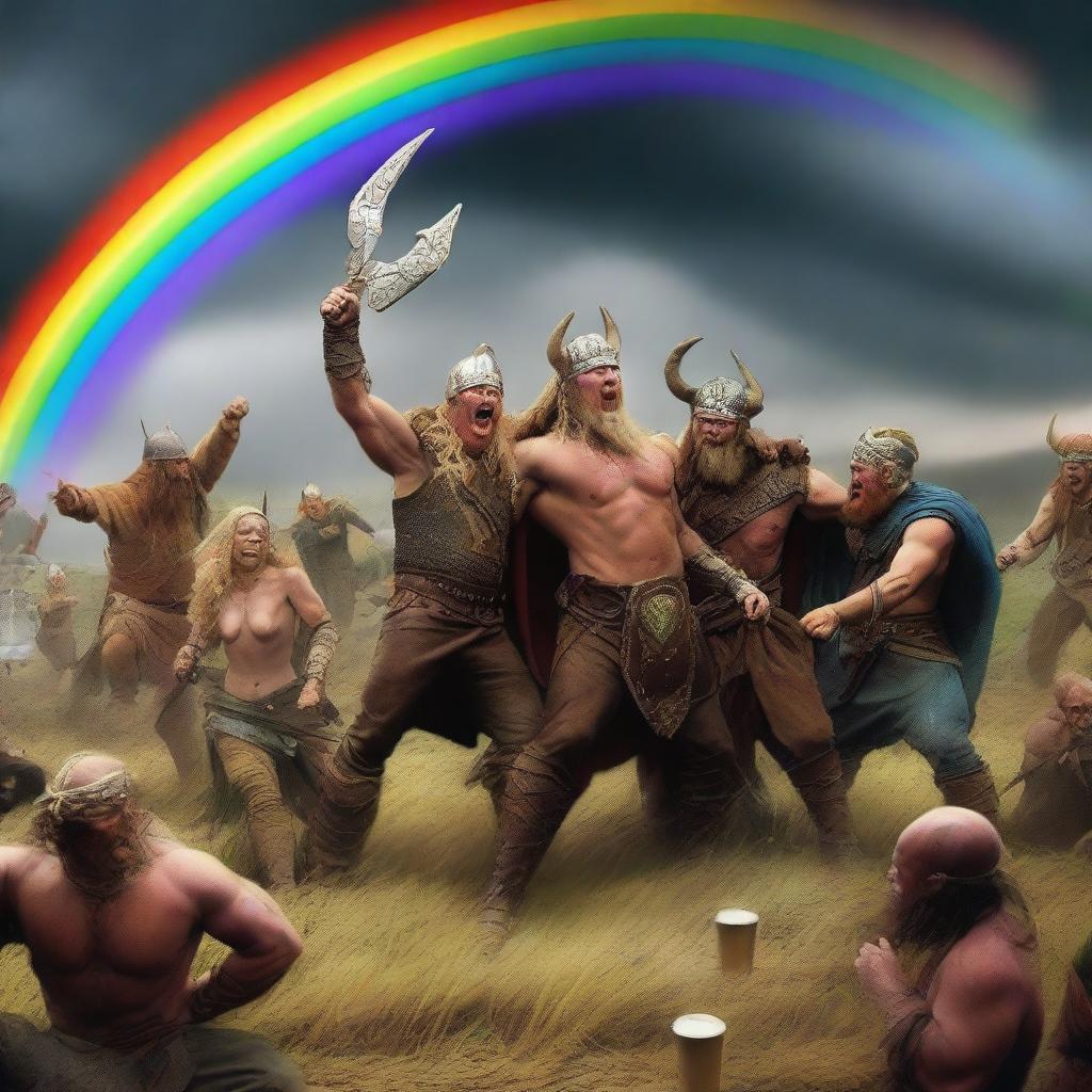 A vivid scene featuring Vikings fighting with demons in the fields of Barkley amidst a storm with a rainbow