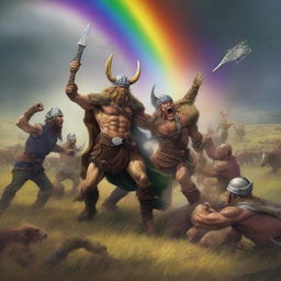 A vivid scene featuring Vikings fighting with demons in the fields of Barkley amidst a storm with a rainbow