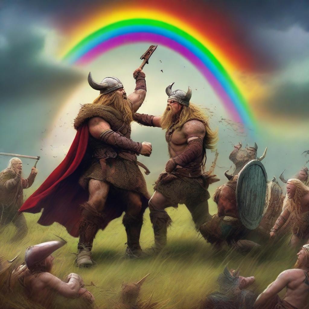 A vivid scene featuring Vikings fighting with demons in the fields of Barkley amidst a storm with a rainbow