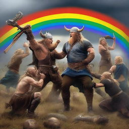 A vivid scene featuring Vikings fighting with demons in the fields of Barkley amidst a storm with a rainbow