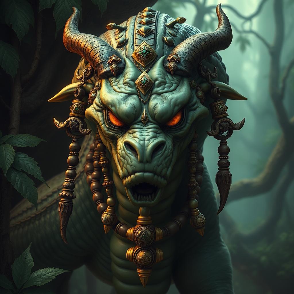 A detailed and realistic depiction of a Yuan-ti, a serpent-like creature with humanoid features, set in a mystical jungle environment