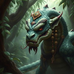 A detailed and realistic depiction of a Yuan-ti, a serpent-like creature with humanoid features, set in a mystical jungle environment