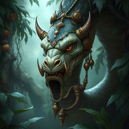 A detailed and realistic depiction of a Yuan-ti, a serpent-like creature with humanoid features, set in a mystical jungle environment