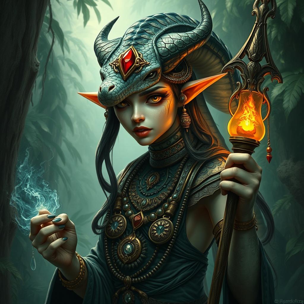 A detailed and realistic depiction of a female Yuan-ti sorceress, a serpent-like creature with humanoid features