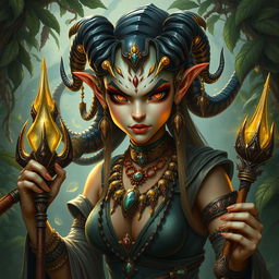 A detailed and realistic depiction of a female Yuan-ti sorceress, a serpent-like creature with humanoid features