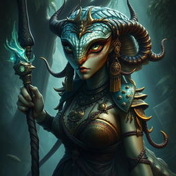 A detailed and realistic depiction of a female Yuan-ti sorceress, a serpent-like creature with humanoid features