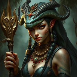 A detailed and realistic depiction of a female Yuan-ti sorceress, a serpent-like creature with humanoid features