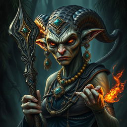 A detailed and realistic depiction of an old female Yuan-ti sorceress, a serpent-like creature with humanoid features