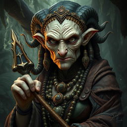 A detailed and realistic depiction of an old female Yuan-ti sorceress, a serpent-like creature with humanoid features