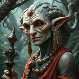 A detailed and realistic depiction of a gentle old female Yuan-ti sorceress, a serpent-like creature with humanoid features