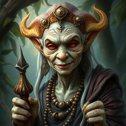 A detailed and realistic depiction of a gentle old female Yuan-ti sorceress, a serpent-like creature with humanoid features