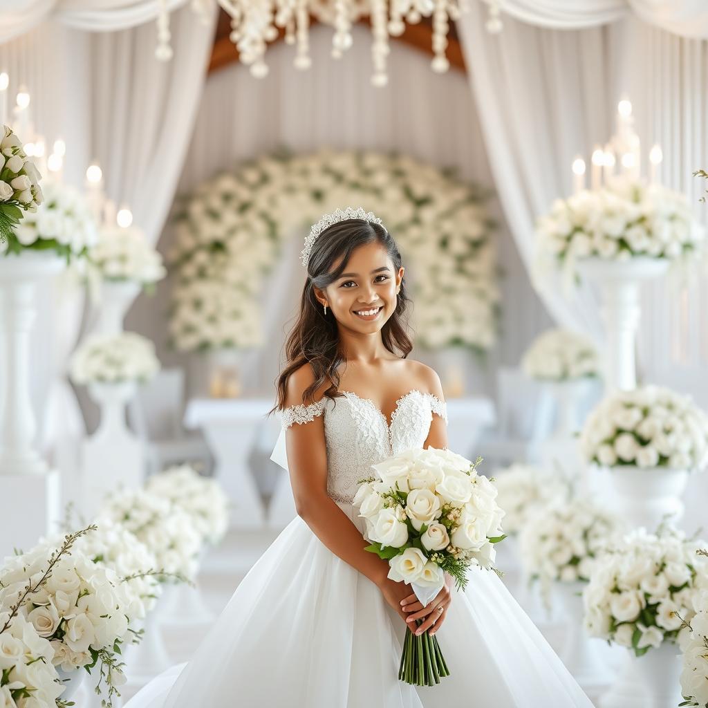 A beautiful girl named Azalea wearing a full white dress for her marriage