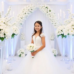 A beautiful girl named Azalea wearing a full white dress for her marriage