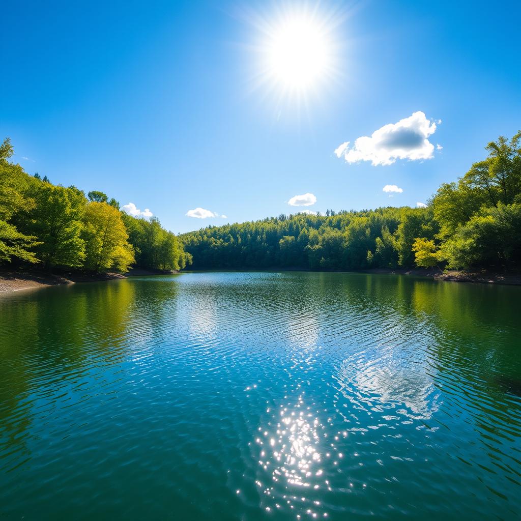 A beautiful landscape featuring a serene lake surrounded by lush green trees with a clear blue sky above