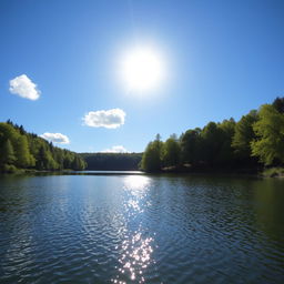 A beautiful landscape featuring a serene lake surrounded by lush green trees with a clear blue sky above