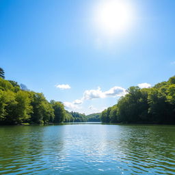 A beautiful landscape featuring a serene lake surrounded by lush green trees with a clear blue sky above