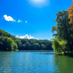 A beautiful landscape featuring a serene lake surrounded by lush green trees with a clear blue sky above