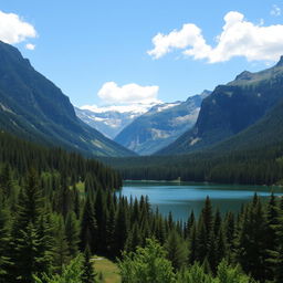 A beautiful landscape featuring a serene lake surrounded by lush green forests and majestic mountains in the background, with a clear blue sky and a few fluffy white clouds