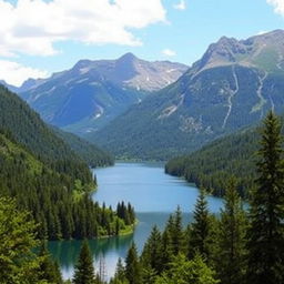 A beautiful landscape featuring a serene lake surrounded by lush green forests and majestic mountains in the background, with a clear blue sky and a few fluffy white clouds