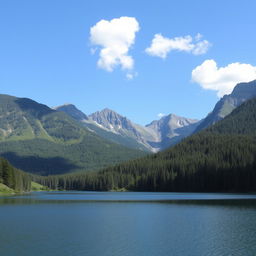 A beautiful landscape featuring a serene lake surrounded by lush green forests and majestic mountains in the background, with a clear blue sky and a few fluffy white clouds