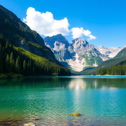 A beautiful landscape featuring a serene lake surrounded by lush green forests and majestic mountains in the background, with a clear blue sky and a few fluffy white clouds