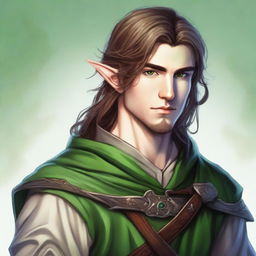 A detailed portrait of a young male elf with long brown hair featuring a fade haircut and a medium-length beard