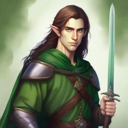 A detailed portrait of a young male elf with long brown hair featuring a fade haircut and a medium-length beard