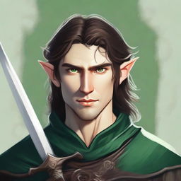 A detailed portrait of a young male elf with long brown hair featuring a fade haircut and a medium-length beard