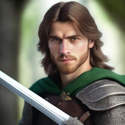 A highly detailed and realistic portrait of a young man with brown long hair with a fade haircut, a medium beard, and green eyes