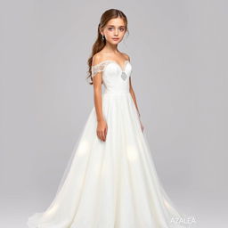 A girl named Azalea wearing her full white dress, standing gracefully with a serene expression on her face