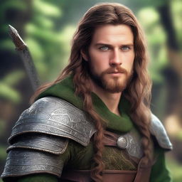 A highly detailed and realistic portrait of a young man with brown long hair, a medium beard, and green eyes