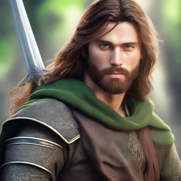 A highly detailed and realistic portrait of a young man with brown long hair, a medium beard, and green eyes