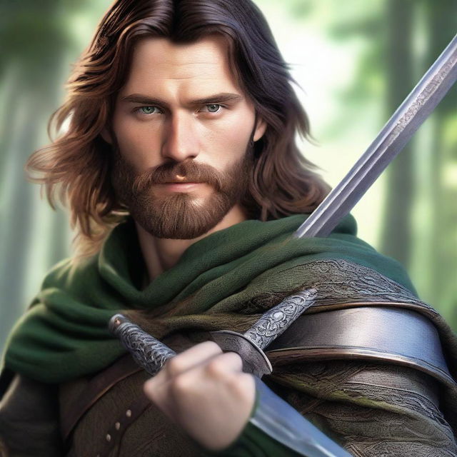 A highly detailed and realistic portrait of a young man with brown long hair, a medium beard, and green eyes