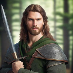 A highly detailed and realistic portrait of a young man with brown long hair, a medium beard, and green eyes