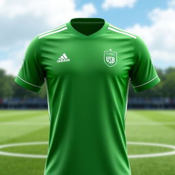 A detailed image of a green soccer jersey