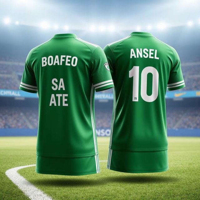 A detailed image of a green soccer jersey seen from the front and back