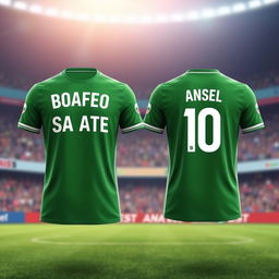 A detailed image of a green soccer jersey seen from the front and back