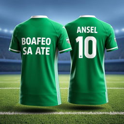 A detailed image of a green soccer jersey seen from the front and back