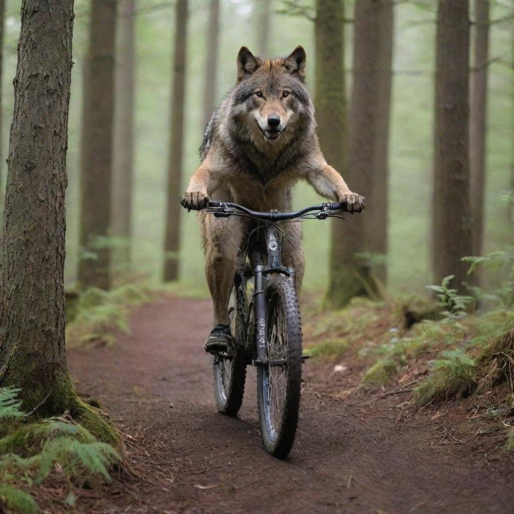 A majestic wolf adeptly riding a mountain bike through a forest trail, showcasing a surreal yet skilled spectacle.