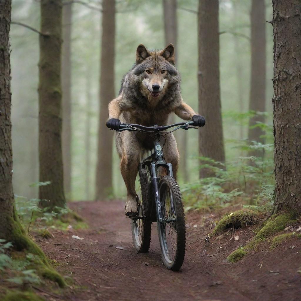 A majestic wolf adeptly riding a mountain bike through a forest trail, showcasing a surreal yet skilled spectacle.